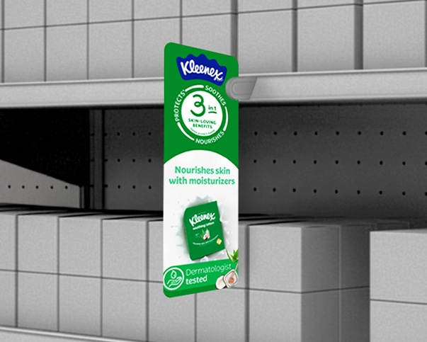 3D rendering of Vestcom shelfAdz Blades advertising Kleenex